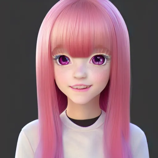 Image similar to A portrait of Nikki from Shining Nikki and Love Nikki, a cute 3d cgi toon young woman with long light pink hair, full bangs, hazel eyes, full face, light makeup, pale skin, Chinese heritage, cute outfit, medium shot, mid-shot, hyperdetailed, 8k, trending on artstation, as a Pixar character