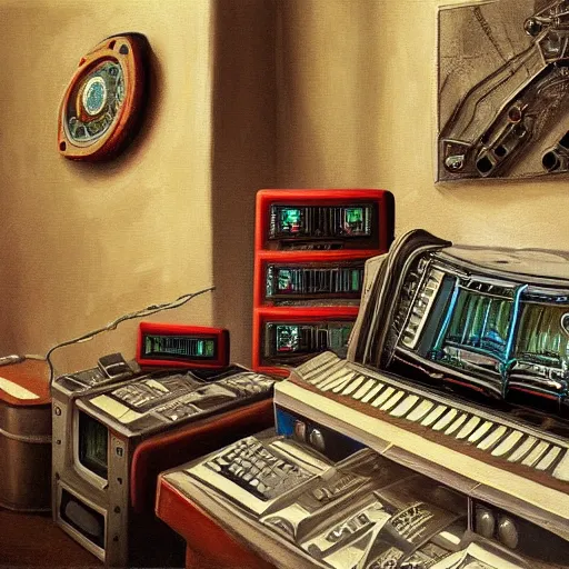 Prompt: detailed painting of a scifi recorder, interior with old computers, celestial ephemeral ornaments and greek architecture, artstation, norm rockwell in africa, cinematic