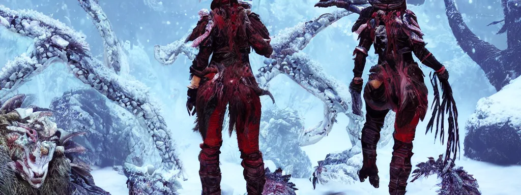 Image similar to explorer woman walking in animal fur armour, walking in a dense alien snow covered frosty jungle, with snow covered colourful red, blue and purple plants, large vines, snow covered arched organic rock structures, in the style of monster hunter world, like concept art on artstation, hyperdetailed, vray render, octane render,