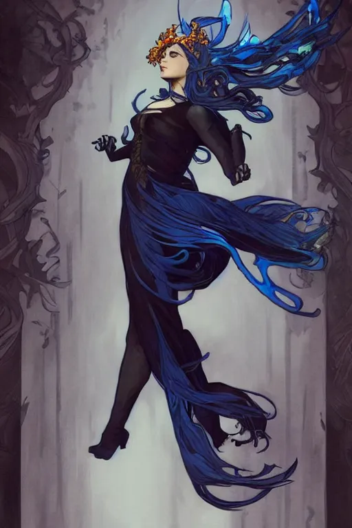 Image similar to fullbody!! dynamic action pose illustration, art by artgerm and greg rutkowski and alphonse mucha, beautiful woman with blue hair, antlers on her head, long flowing intricate black dress, dnd, face, fantasy, intricate, elegant, highly detailed, digital painting, artstation, concept art, smooth, sharp focus,