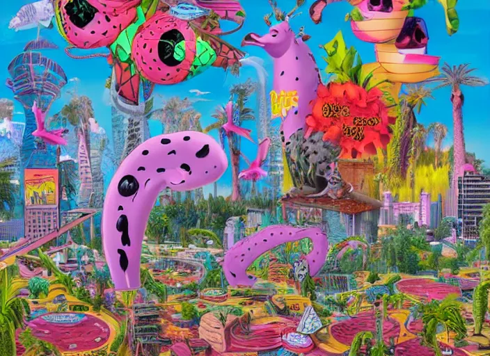 Prompt: 🦩🪐🐞👩🏻🦳, lowbrow, 8 k, matte painting, in the style of kenny scharf,