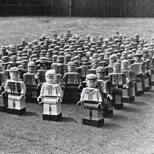 Prompt: an army of lego figures, preparing for battle with a shetland pony, old black and white photograph