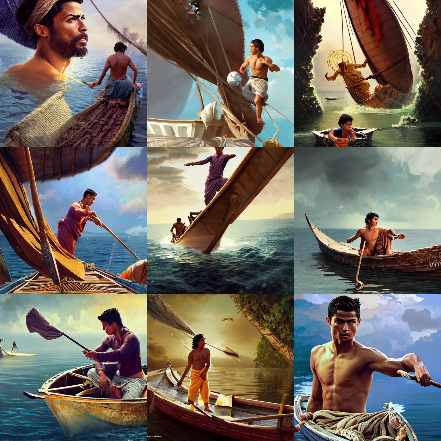 Prompt: Cristiano Ronaldo Life Of Pi movie character, highly detailed, digital fantasy character, painted portrait, artstation, concept art, hard focus, illustrations, works by artgerm and Greg Rutkowski, Alphonse Mucha and Craig Mullins, James Jean, Andrey Ryabovichev, Mark Simonetti and Peter Morbacher, 16k,