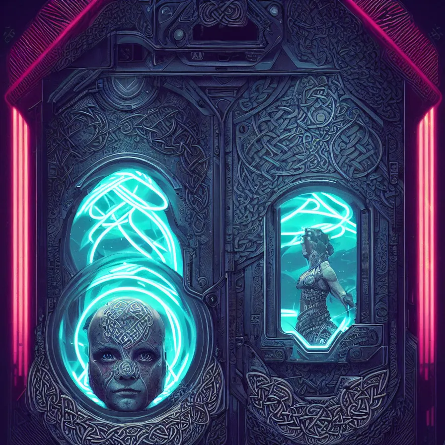 Image similar to texture with celtic neon retrowave decorative pattern, artstation, illustration, highly detailed, art by artgerm and greg rutkowski, symmetrical, dark art, old vhs tape