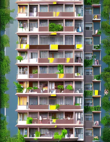 Prompt: Beautiful illustration of an isometric cross-section infographic of an apartment building by Adolfo Arranz and Rafal Oblinski, trending on Artstation. Families on balconies, relaxing. f/11. By Beeple. Colorful, vivid, rendered in Unreal Engine