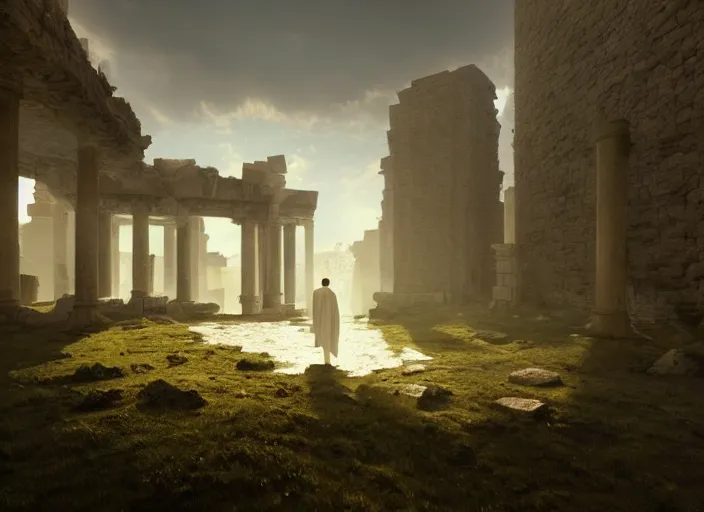 Image similar to a land of ruins of lost civilization with a fort in the middle, pure gold pillars, water tunnels below and a magical time gate to another dimension, a wounded man wearing a white robe standing watching over, dramatic lighting, dawn, by caspar david friedrich, unreal engine 5