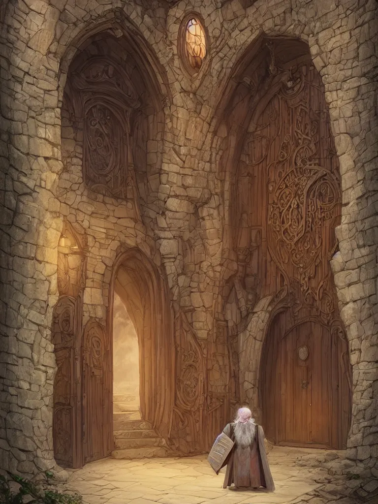 Image similar to an old wizard holding a book stands in front of an elaborate arched wooden door. stone steps lead up to the door. by mike allred and moebius and karol bak sharp digital painting. dreaming latent space. matte painting, concept art. artstation. digital render. realistic, 8 k