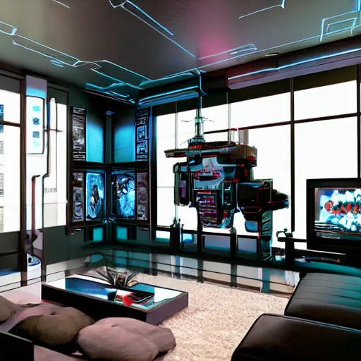 Image similar to a cyberpunk themed living room