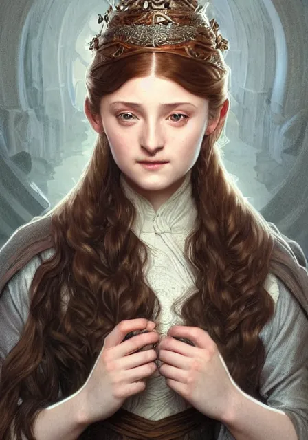 Image similar to portrait of little sansa stark, intricate, elegant, highly detailed, digital painting, artstation, concept art, smooth, sharp focus, illustration, art by artgerm and greg rutkowski and alphonse mucha and william - adolphe bouguereau
