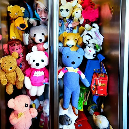 Prompt: an elevator packed full of stuffed animals