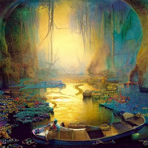 Prompt: A Mystic River, The River Is Full of Lights, Mysticism, Artwork, Watercolor, Cinematic, Exposure, Slit-Scan Photography, 4k, Ultra-HD, Incandescent, Ray Tracing Reflections, insanely detailed and intricate, elegant, ornate, hyper realistic, super detailed by Dorothea Tanning, by Bruce Pennington