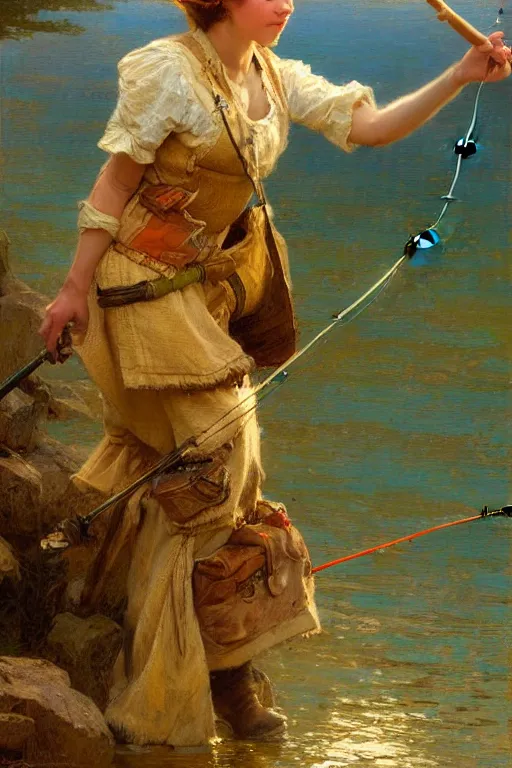 Image similar to fishing maid, highly detailed painting by gaston bussiere, craig mullins, j. c. leyendecker 8 k