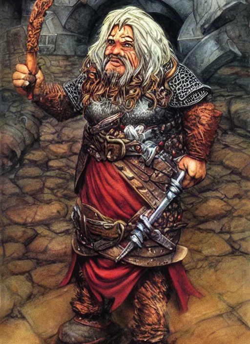 Prompt: full body of a dwarf sorcerer, beautiful! coherent! dungeons and dragons character, by brian froud, larry elmore, gerald brom, ralph horsley, wayne reynolds, strong line, deep color, chainmail, short red hair, high contrast