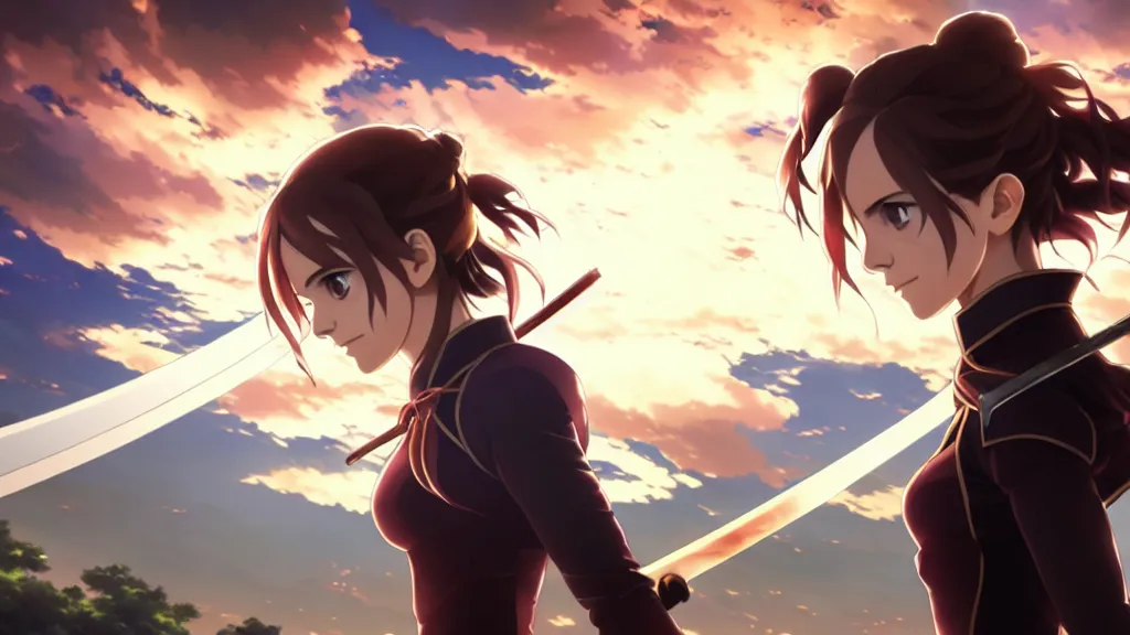 Prompt: a very detailed key visual of emma watson, demon slayer, ufotable, high quality, artgerm, castle wall, fate stay night, unlimited blade works, greg rutkowski, high resolution, dynamic pose, landscape, medium portrait, samurai outfit, action, hyper realistic, anime, koyoharu gotouge, sakuga