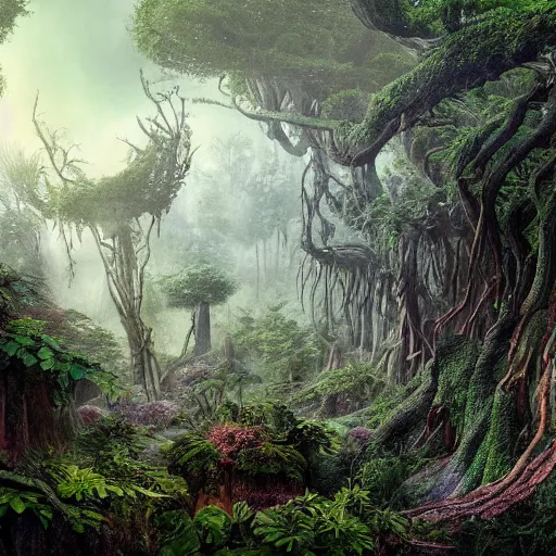 Prompt: a beautiful and highly detailed matte painting of a strange alien plant growing in a fantasy garden in a dark twisted forest deep in the forgotten valley, intricate details, epic scale, insanely complex, 8 k, sharp focus, hyperrealism, very realistic, by caspar friedrich, greg rutowski, james gurney