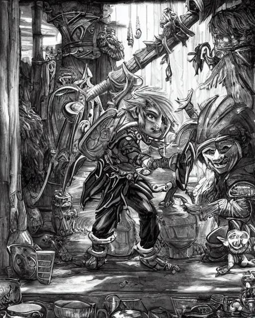 Image similar to A goblin merchant selling treasuries and potions, high detailed store, black and white, fantasy art, goblin art, in the style of masami kurumada, illustration, epic, fantasy, intricate, hyper detailed, artstation, concept art, smooth, sharp focus, ray tracing