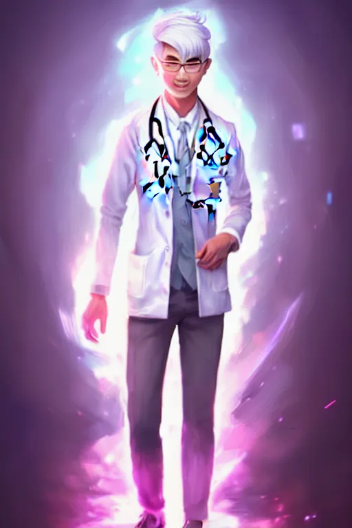 Image similar to character design, a handsome young doctor with silver hair, chinese mixed canadian ancestry, blurred environment background, colorful magic effects, white skin, portrait, male, clothed, sharp focus, digital art, concept art, trending on artstation, dynamic lighting, by emylie boivin and rossdraws