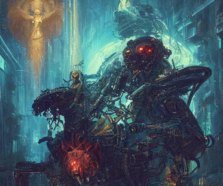 Image similar to a beautiful tarot card artwork of a cyberpunk fallen dark seraphim, horror, backlit, gloomy sky, highly detailed, digital painting, intricate golden threads, by eddie mendoza and greg rutkowski and dan mumford and artgerm, vivid colors, detailed shading, 8 k resolution, intricate, smooth