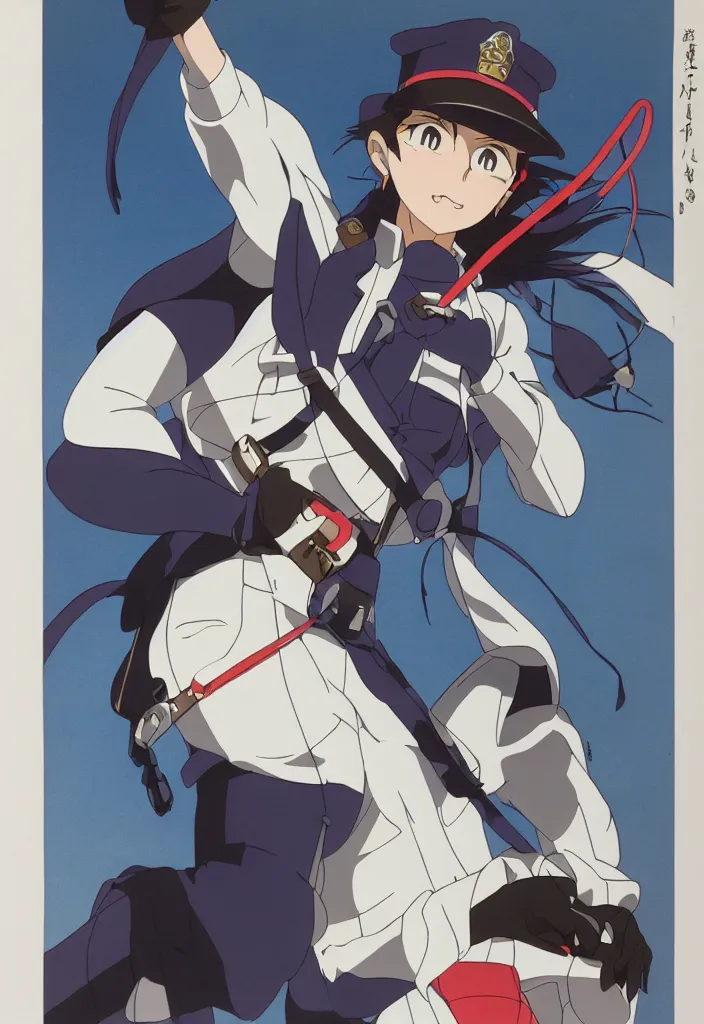 Prompt: a police woman, animation cel for anime movie, designed by haruhiko mikimoto, studio trigger, gainax, subtle colors