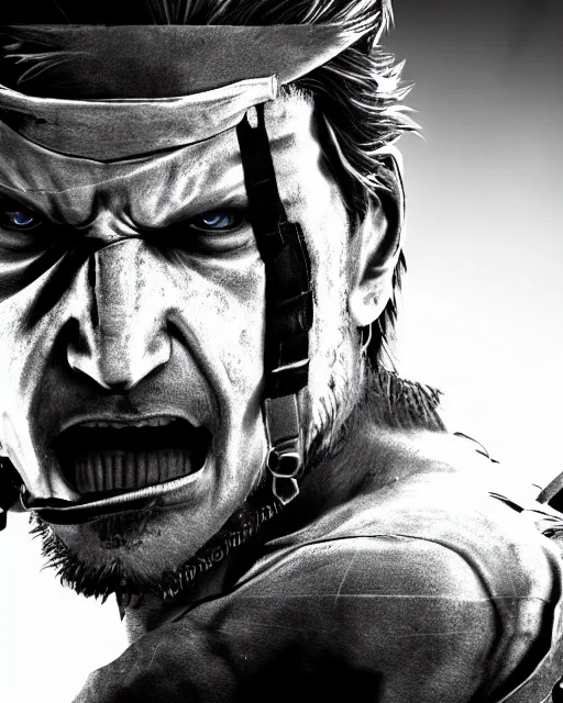 Image similar to solid snake portrait, cinematic lighting, anguished crying screaming yelling, mouth open, black atmospheric background, 4 k photography hdr