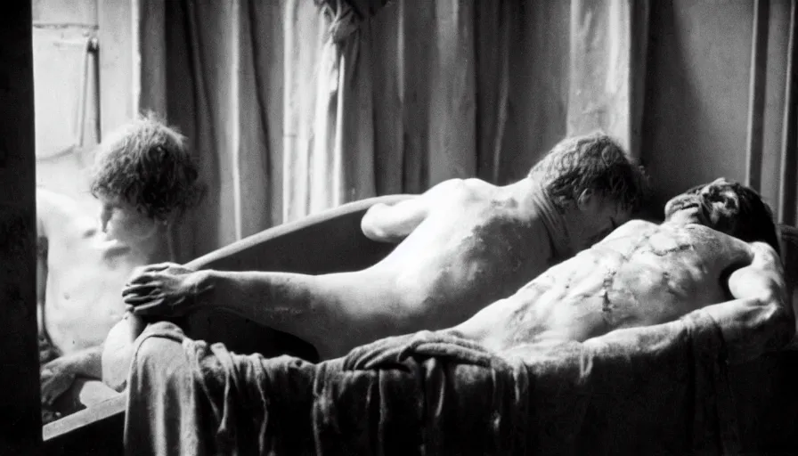 Image similar to movie still of jean - paul marat wounded at the chest, bleeding in the bath, cinestill 8 0 0 t 3 5 mm b & w, high quality, heavy grain, high detail, cinematic composition, dramatic light, anamorphic, ultra wide lens, hyperrealistic, by josef sudek