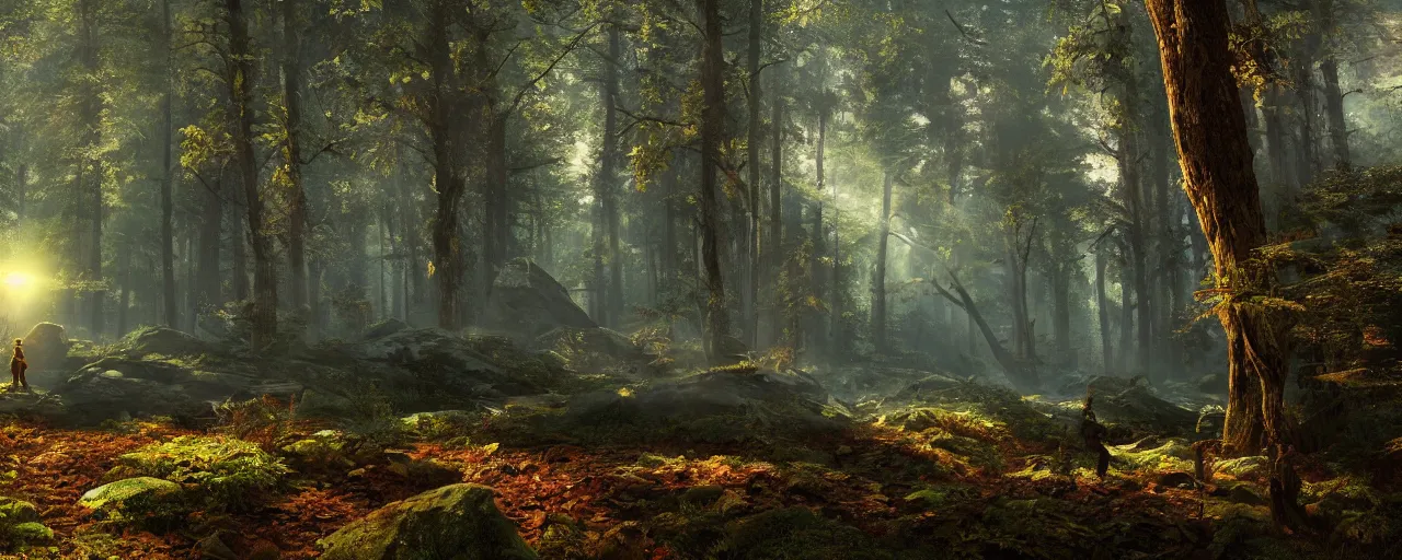 Prompt: an ufo flying in the forrest, beautiful dynamic lighting, cinematic, wide angle establishing shot, extremely high detail, photo realistic, cinematic lighting, post processed, concept art, artstation, matte painting, style by frederic church, raphael lacoste, unreal engine 8 k