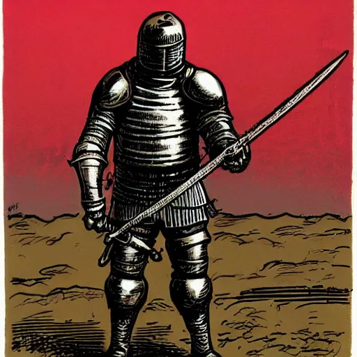 Prompt: a knight in pitch black armour, holding a sword pointed to the ground, painted by robert crumb