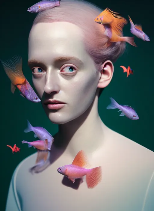 Image similar to Kodak Portra 400, 8K, soft light, volumetric lighting, highly detailed, fine art portrait photography in style of Tim Walker , britt marling face 3/4 morphing with soft pastel colors tropical fishes, metamorphosis complex 3d render , 150 mm lens, soft blur background, bust with intricate details, elegant, hyper realistic, ultra detailed, octane render, etheric, outworldly colours, emotionally evoking, head in focus, fantasy, ornamental, intricate, elegant, 8K, soft light, volumetric underwater lighting, highly detailed, Refined, Highly Detailed, soft lighting colors scheme, fine art photography, Hyper realistic, photo realistic