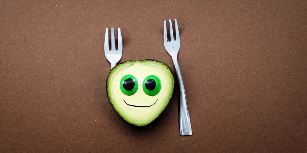 Image similar to cute smiling avocado robot with cute eyes and forks instead of arms