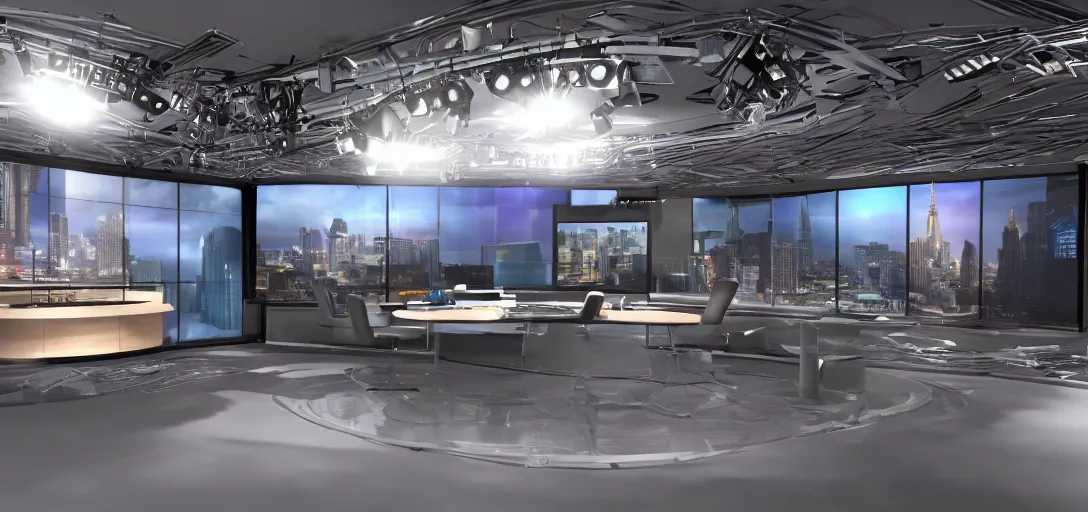 Image similar to super detailed v-ray render, news studio set, wide shot highly reflective light