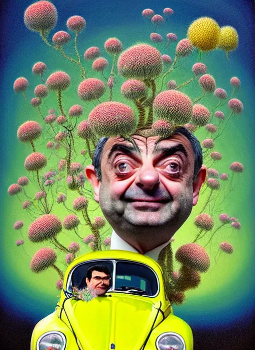 Image similar to hyper detailed 3d render like a Oil painting muted colors - slightly silly portrait of Rowan Atkinson cross eyed as Mr. Bean atop his yellow beetle in Aurora seen tickling of the Strangling network of yellowcake aerochrome and milky Fruit and Her delicate Hands hold of gossamer polyp blossoms bring iridescent fungal flowers whose spores black the foolish stars by Jacek Yerka, Mariusz Lewandowski, Houdini algorithmic generative render, Abstract brush strokes, Masterpiece, Edward Hopper and James Gilleard, Zdzislaw Beksinski, Nicoletta Ceccoli, Wolfgang Lettl, hints of Yayoi Kasuma, octane render, 8k