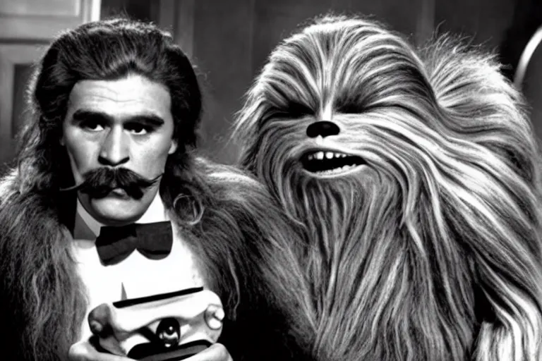 Image similar to A still from the black and white movie where Chewbacca starred alongside Charlie Chaplain