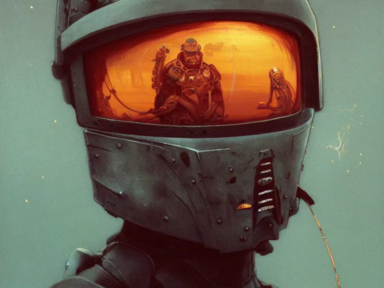 Image similar to a detailed profile portrait painting of a bounty hunter in combat armour and visor gazing into the sky. Smoke. cinematic sci-fi poster. Cloth and metal. Welding, fire, flames, samurai Flight suit, accurate anatomy portrait symmetrical and science fiction theme with lightning, aurora lighting clouds and stars. Clean and minimal design by beksinski carl spitzweg moebius and tuomas korpi. baroque elements. baroque element. intricate artwork by caravaggio. Oil painting. Trending on artstation. 8k