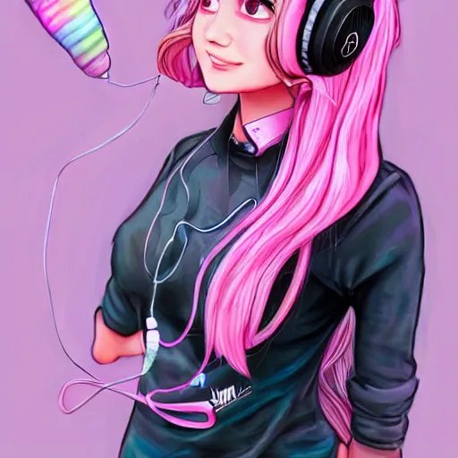 Prompt: !dream very very very beautiful pink gamer girl wearing headphones with a unicorn horn coming out of her head standing in a pink girls room, full body portrait, eye contact, smiling, perfect face, perfect body, extreme long shot, drawn by artgerm