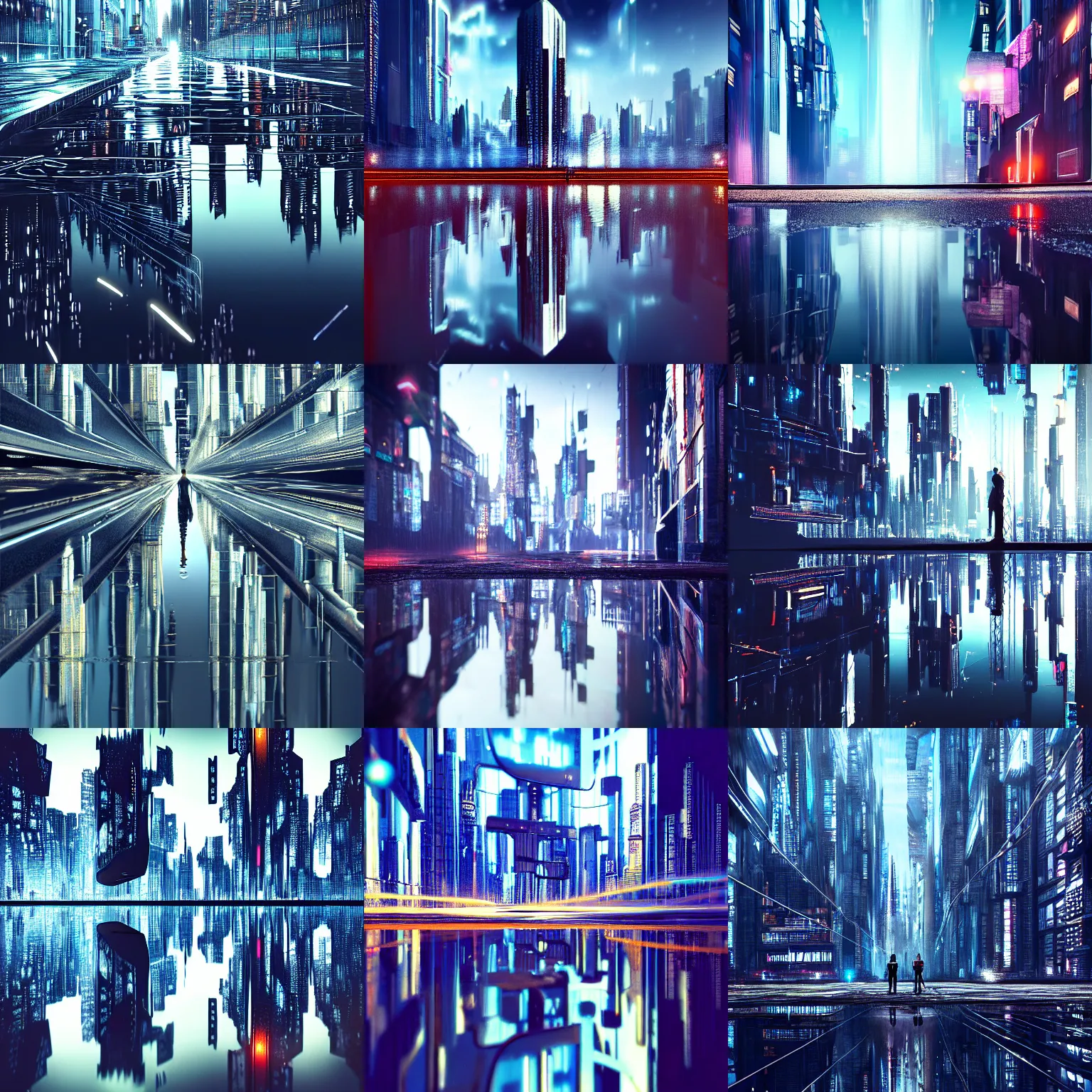 Prompt: an entire city reflected in a puddle of water, photo, hyper realistic, cyber punk, reflection, high detail, award winning, trending on artstation