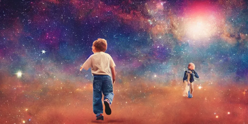 Prompt: color photo of a boy walking down a city in space, sky is full of stars