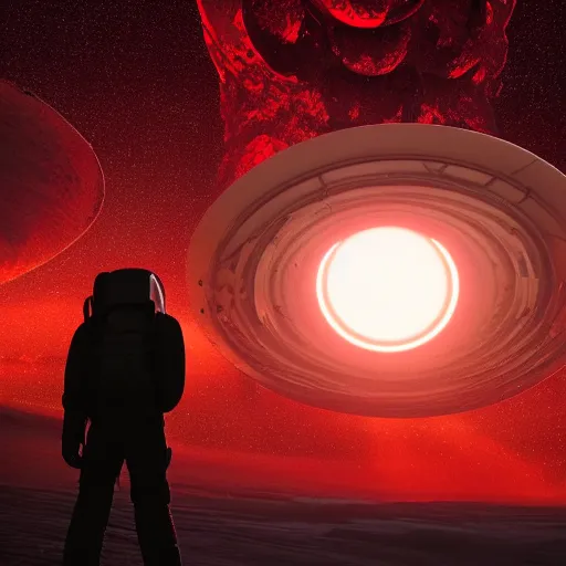 Image similar to astronaut standing in front of an eerie alien cathedral on a dystopian planet with a vortex made of obsidian floating in the red sky above, realistic