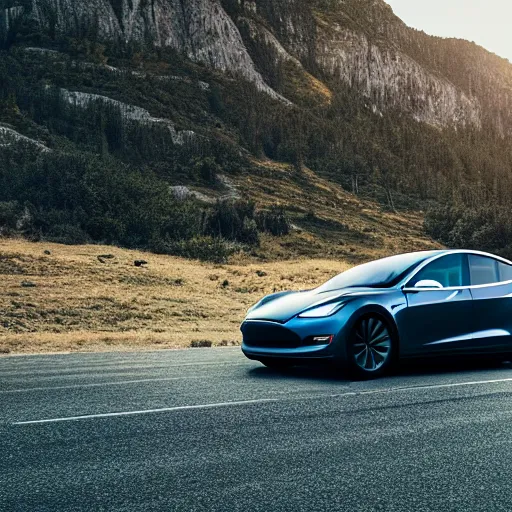 Image similar to 2032 tesla model Q, electric car, centered in frame advertisement, motion blur, commercial, 4k, futuristic, realistic, photography, aesthetic, clean, mountain road, springtime