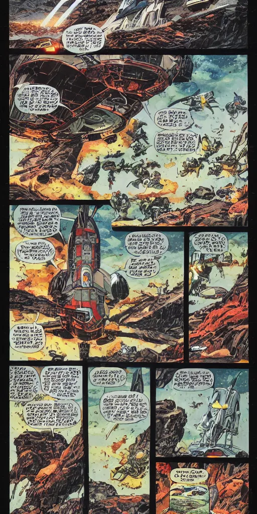 Image similar to full page scan of a comic book page of a giant spaceship landing in the Rocky Mountains, codex, rich colored ink, detailed, cinematic