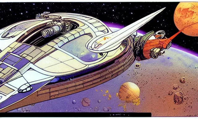 Image similar to spaceship, orbit of mars, michael kaluta