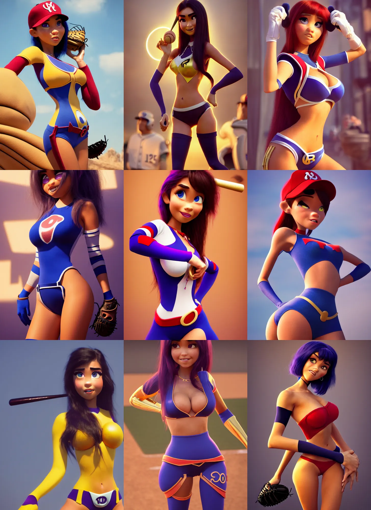 Prompt: pixar woman madison beer as racy baseball cosplay | jewelry | glamorous oily soft polished rich alluring ornate modern | weta disney movie still photo | hi - fructose, sci fi fantasy, golden ratio, smooth, octane render, sharp focus, artstation, concept art | rutkowski, artgerm, mucha, wlop, loish |