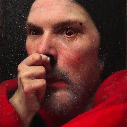 Image similar to black hole face dressed in red robe takes a selfie | highly detailed oil painting, hyperrealistic, very intrincate | cinematic lighting, award - winning | by roberto ferri, gustav klimt, william waterhouse and tom bagshaw | by austin osman spare and william blake, trending on artstation, cgsociety, official art, octane.