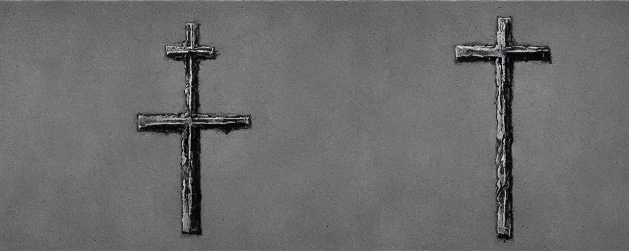 Prompt: a shiny silver cross, black minimalistic background with grunge and grain, by Beksinski