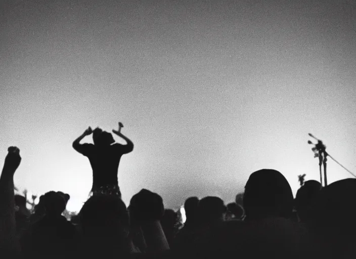 Image similar to a 2 8 mm macro photo from the back of a crowd at a rock concert festival in silhouette in the 1 9 6 0 s, bokeh, canon 5 0 mm, cinematic lighting, dramatic, film, photography, golden hour, depth of field, award - winning, 3 5 mm film grain