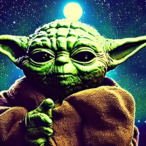 Prompt: “an 8k hi res extremely detailed photorealistic magazine editorial photo shoot pic of yoda with a long bear holding up and praising a glowing hemp leaf on a strange moon. Colorized”