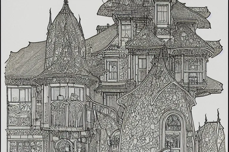 Image similar to a drafting blueprint for fairy toadstool retirement architecture village rendered on paper in fine-line black ink. alphonse mucha