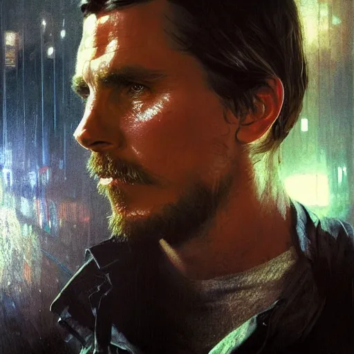 Image similar to christian bale, hyperrealistic portrait, bladerunner street, art of elysium by jeremy mann and alphonse mucha, fantasy art, photo realistic, dynamic lighting, artstation, poster, volumetric lighting, very detailed face, 4 k, award winning