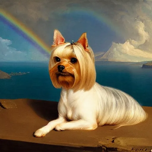 Prompt: Yorkshire Terrier under a rainbow in Santorini in the style of Lady with an Ermine, head and shoulders portrait, stormy weather, extremely detailed masterpiece, oil on canvas, by J. C. Leyendecker and Peter Paul Rubens and Edward Hopper and Michael Sowa,