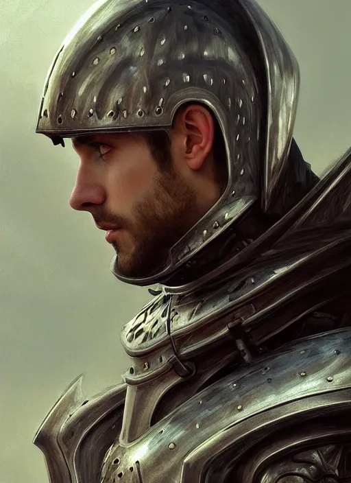 Prompt: handsome male knight in armor, profile!! murky lighting, wind blowing, portrait, fairytale, physical mental perfection, symmetrical! intricate, romanticism, highly detailed, biblical divine holy perfection!! digital painting, artstation, concept art, smooth, sharp focus, by artgerm and greg rutkowski and alphonse mucha