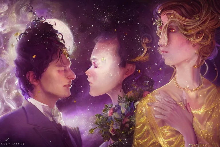 Image similar to a dreamlike cinematic portrait of wedding photograph close up moment of a divine a russia sun god and moon goddess lovers magician at a wedding banquet. portraiture. digital painting. artstation. concept art. fantasy wedding photo. digital painting, 8 k realistic, hyper detailed, violet evergarden art masterpiece by art by krenz cushart